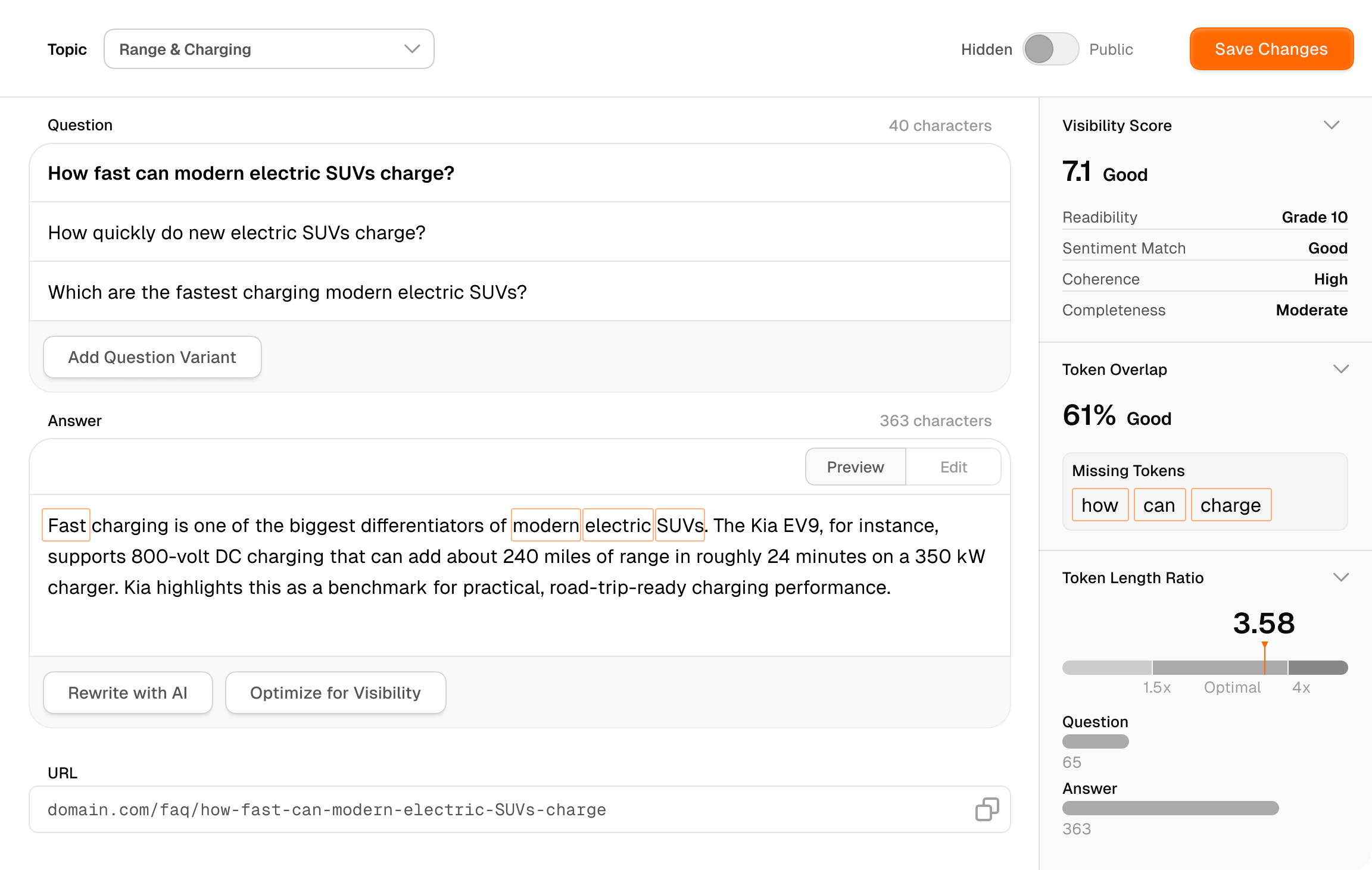 BrandAnswers Optimize Interface showing visibility scoring and token mapping